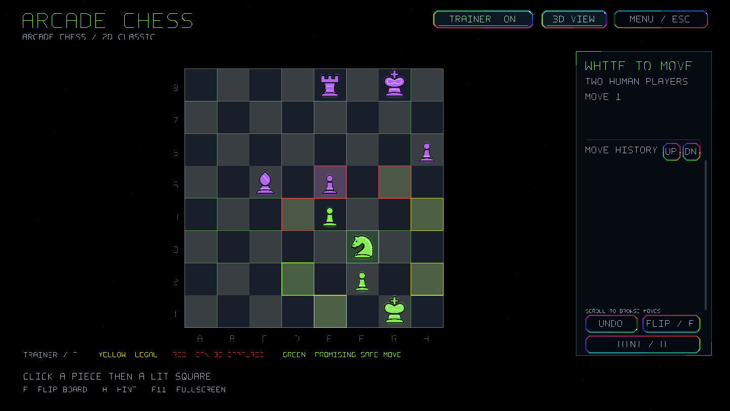 Arcade Chess trainer showing legal moves, immediate capture risks and a suggested safe move